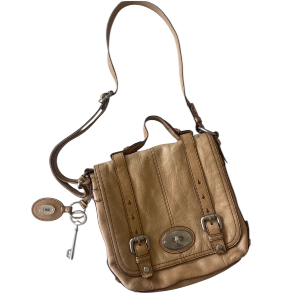 Vintage Fossil Maddox Pebbled Tan Leather Messenger Bag Purse